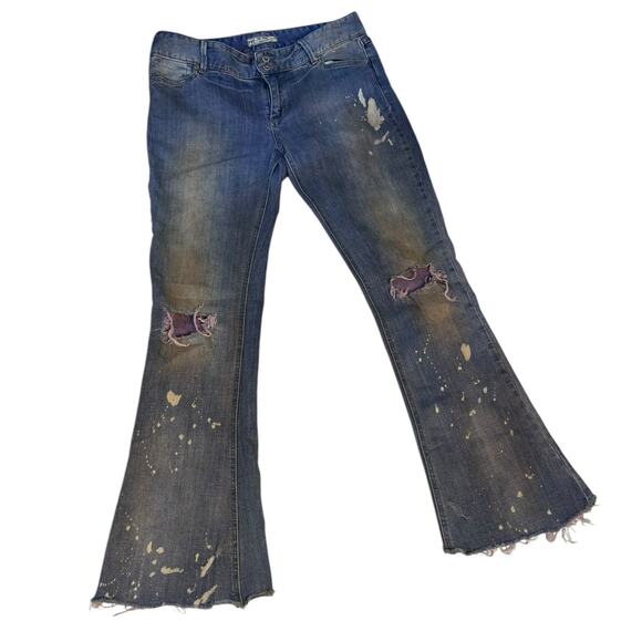 Free People Bleach Splatter Distressed Raw Hem Flare Denim Jeans Size 31 - Picture 2 of 7
